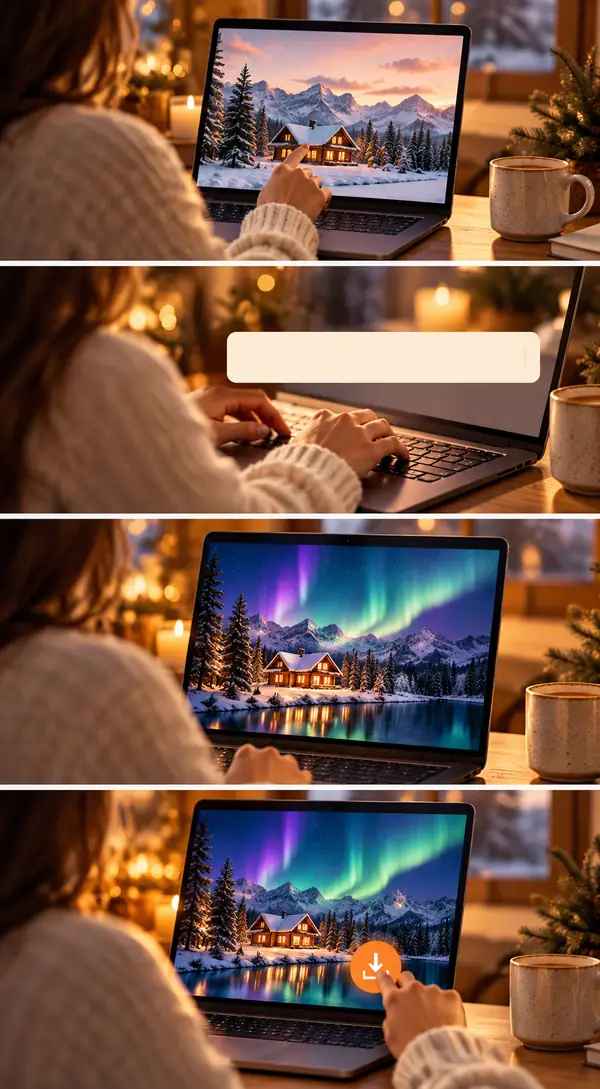 Un guide visuel en quatre étapes montrant la sélection d’une image, la description d’une modification, l’examen du résultat et son enregistrement