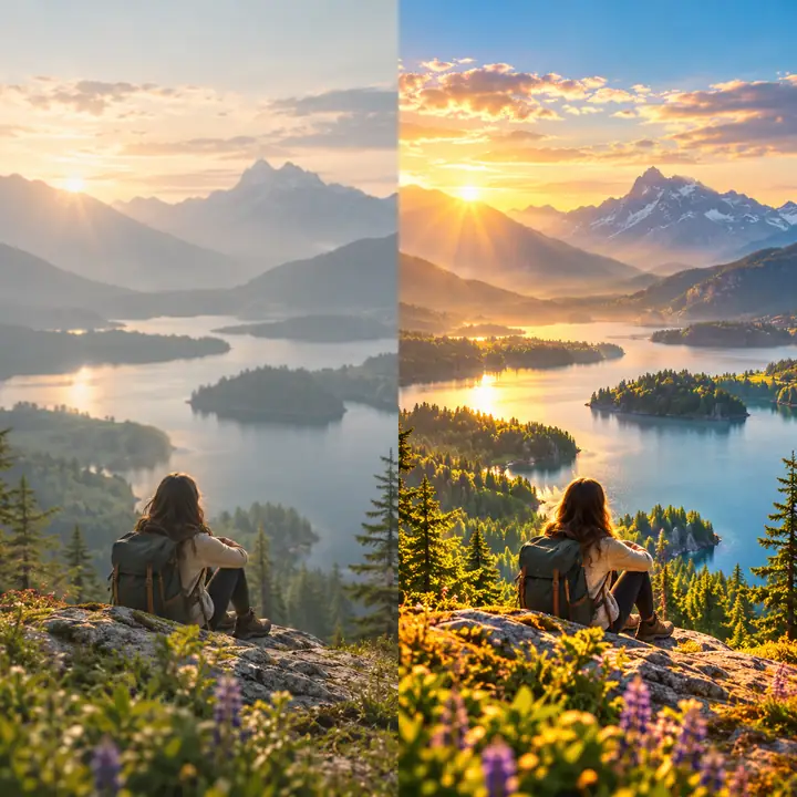 Un paysage transformé par des couleurs éclatantes et une lumière chaleureuse