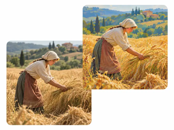 Une femme récoltant des céréales dans un champ, représentée dans des styles visuels naturel et pictural